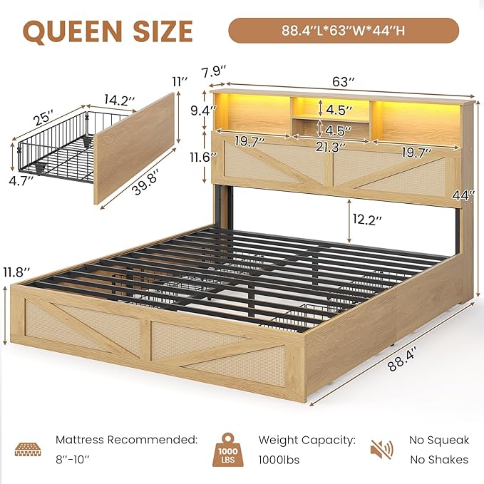 VIAGDO Bed Frame Queen Size with Bookcase Storage Headboard, Charging Station and LED Lights, Wooden Queen Bed Frame with 4 Drawers, Barn Door Design, No Box Spring Needed, No Noise, Natural Rattan