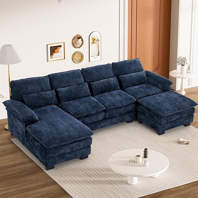 113" Cloud Couch Sectional Modular Sofa U Shaped Sectional Couches for Living Room Comfy 5-Seater Deep Seat Couch Chenille Cloud Sectional Sofa with Movable Ottoman & 4 Pillows, Blue