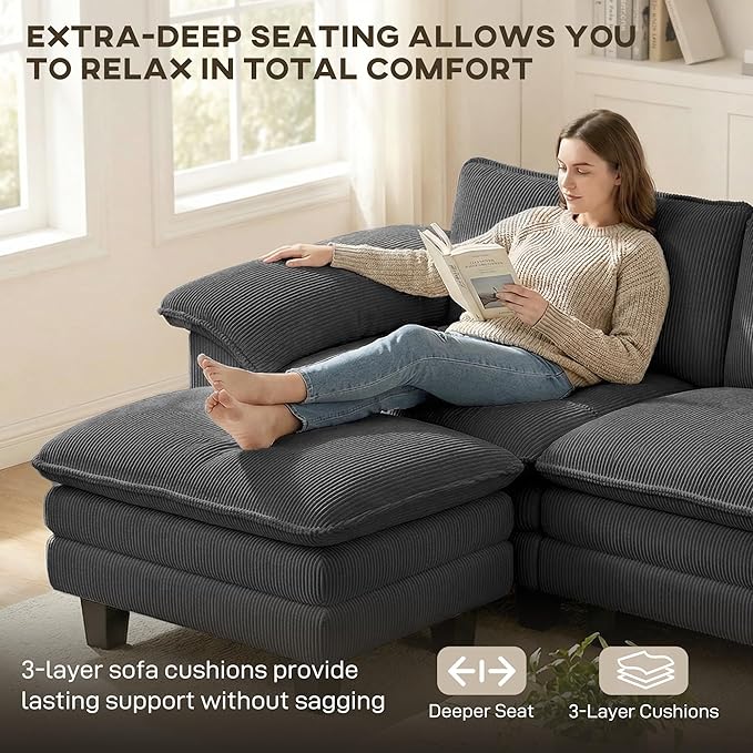 HOMCOM Modular Sectional Sofa Couch 124" Oversized L Shape Sectional Cloud Couch with Deep Seat, Movable Ottoman and Pillow-top Armrests for Living Room, Bedroom and Apartment, Dark Gray | Deep seat