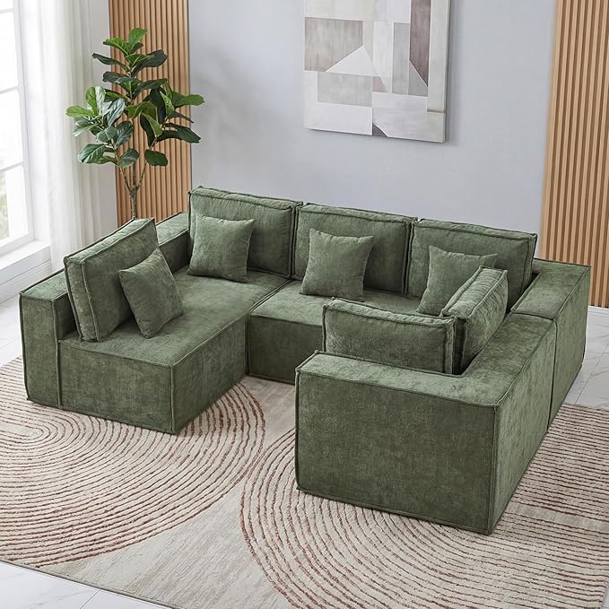 108'' Boneless Chenille U Shaped Couch, Oversized Modular Sectional 5 Seater Sofa, Modern Deep Seat Corner Cloud Compressed Couch, No Assembly Sleeper Sofa with Chaise for Living Room, Green