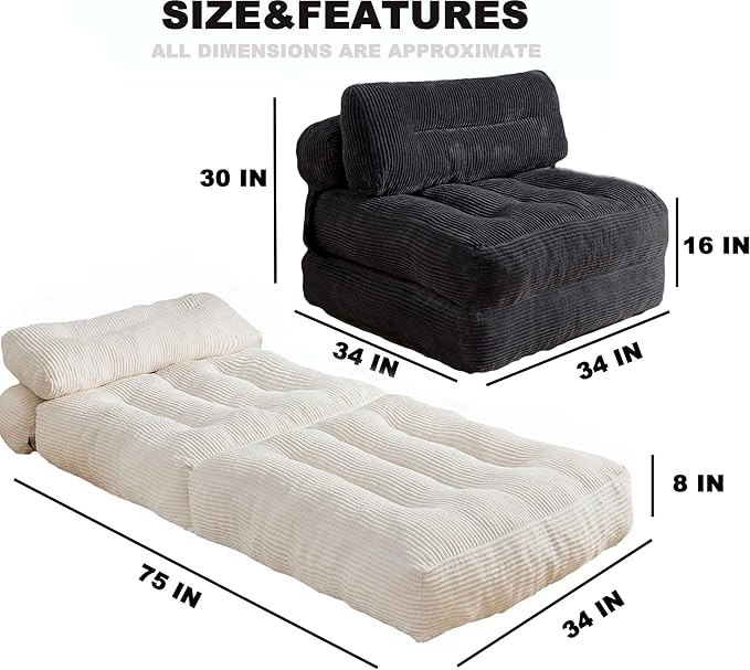Folding Sofa Bed, Convertible Sleeper Chair Couch Bed Faux Rabbit Fur for Adults, with Back Support Floor Couch Comfy Floor Sofa for Living Room Bedroom, Ivory, Single