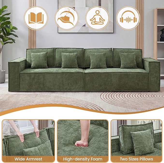 108'' Comfy Chenille Boneless Couch, Oversized Modular Sectional 4 Seater Sofa, Modern Deep Seat Corner Cloud Compressed Couch, No Assembly Sleeper Sofa with Chaise for Living Room, Green