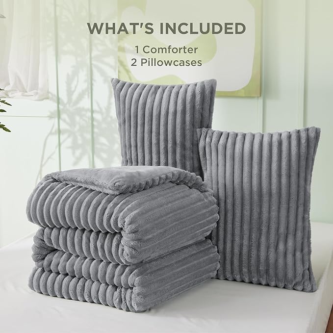 Bedsure Full Size Comforter Sets - GentleSoft™ 3 Pieces Double-Side Fleece Fluffy Grey Comforter Set, Cozy Striped Room Decor Aesthetic, Luxury Full Size Bedding, 2 Pillowcases, 82x86 Inches