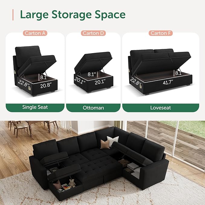 HONBAY Modular Sectional Sleeper Sofa with Pull Out Bed, Velvet Convertible L Shaped Couch with Storage Seat, Sectional Couches for Living Room, Black