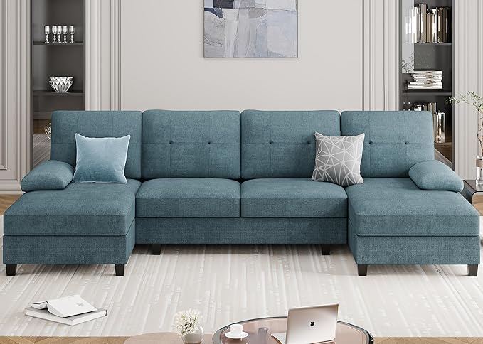 Meilocar Sectional Couches for Living Room, 106 in U Shaped Couch Soft Sectional Sofa with Double Chaise, Comfortable 4 Seat Sofa Couch (Blue) | Breathable Fabric, Double Chaise