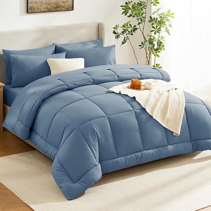 CozyLux Oversized King Comforter Sets Dusty Blue, 7 Pieces Bed in a Bag, Ultra-Soft All Season Bedding Sets with Stitch Quilted Comforter, Flat Sheet, Fitted Sheet, Pillowcases, Grayish Blue