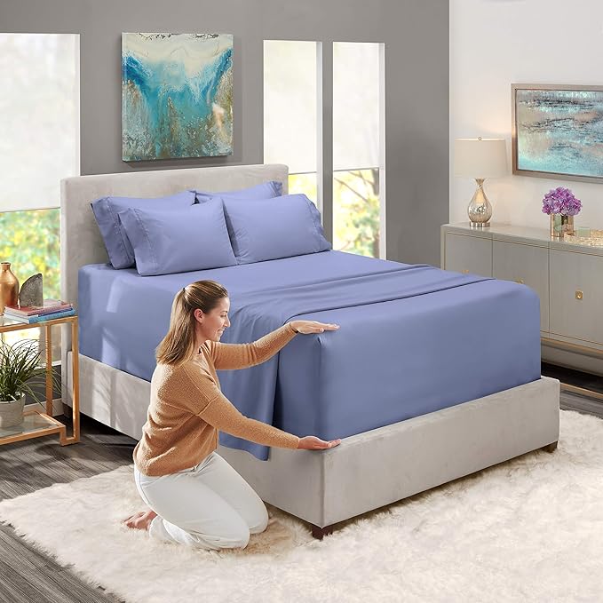 Hearth & Harbor Luxury Soft 6 Piece Bed Sheet Set Extra Deep Pocket Fitted Sheets Fits Mattress up to 21", Double Brushed Bedding, Split King Size, Steel Blue