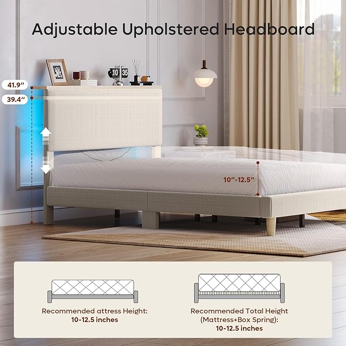 Bestier Queen Bed Frame with Adjustable Headboard & LED Lighting, Corduroy Upholstered Platform Bed Frame with Storage Shelf, Solid Wood Slats, No Box Spring Needed, Never Squeak, Easy Assembly, Beige