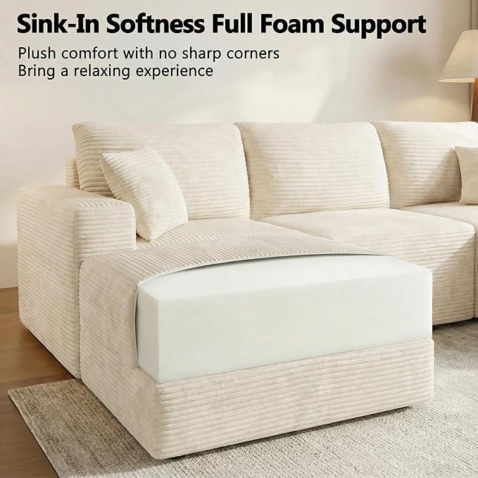 Homall 126" Sectional Couches for Living Room, Modern Fabric Boneless Couch with Deep Seat, Upholstered Cloud Sofa with 2 Ottoman, No Assembly Required (Beige, U Shaped Sofa)