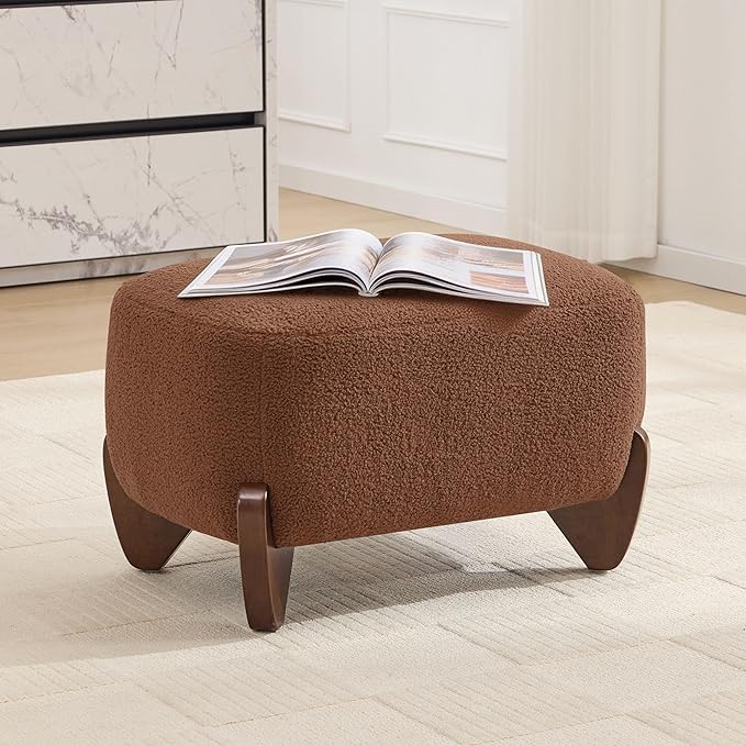 28.7" Sherpa Boucle Ottoman with Solid Wood Legs, Modern Upholstered Footstool, Comfy Ottoman for Living Room, Bedroom, Caramel