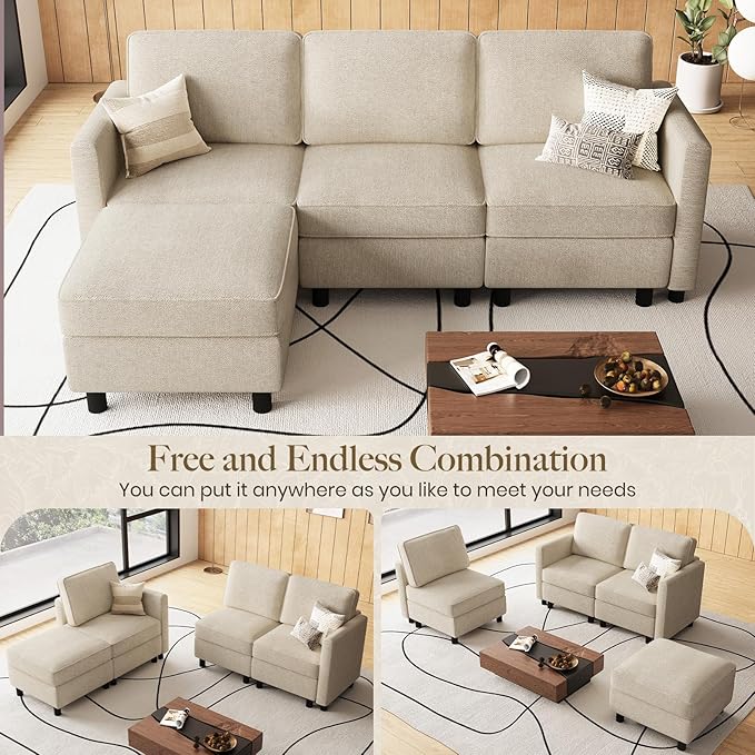 Belffin 84.3" 4 Seats L Shaped Couch Modular Sectional Sofa Washable Sectional Couches for Living Room Comfy Couches with Storage Seat Couch Sofas with Chaise,Beige