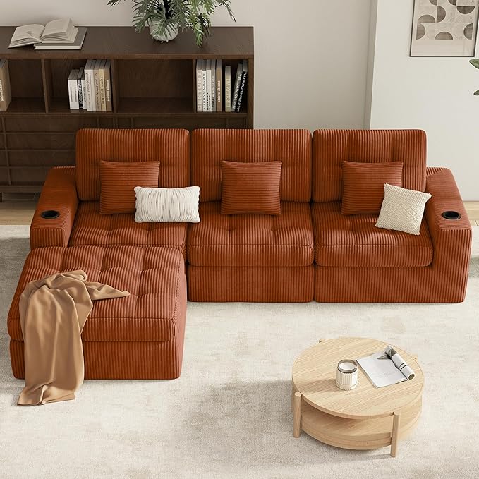 112" L Shaped Cloud Boneless Couch,Modern Modular Sectional Sofa with Layered Cushion,No Assembly Convertible Corduroy Couches for Living Room,Caramel 1 PCS