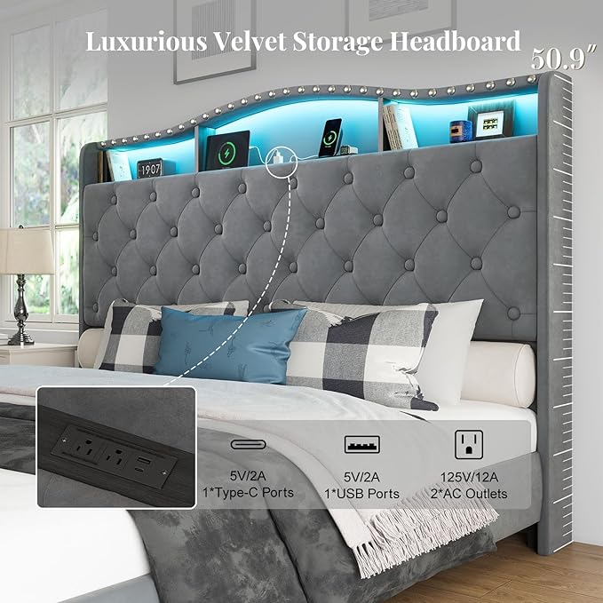 Belffin Queen Size Bed Frame and Headboard, 50.9" Velvet Upholstered Wingback Bedframe with LED Lights & Storage/Charging Station, Button Tufted Tall Footboard, No Box Spring Needed, Noise-Free, Grey
