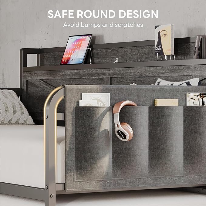 LIKIMIO Twin Daybed, Day Beds with Pop Up Trundle, Storage Headboard with Charging Station, Strong Supports for Apartment and Other Small Space, Charcoal Grey