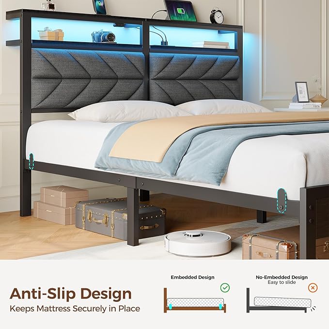 Seventable Bed Frame King Size with Charging Station, LED Bed with Upholstered Storage Headboard, Metal Platform Bed with Under Bed Storage, No Box Spring Needed, Noise Free, Easy Assembly, Grey