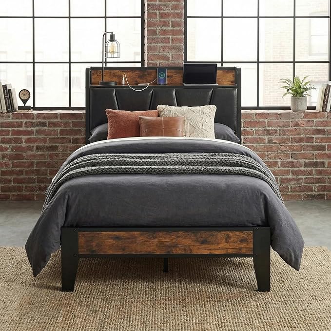 LIKIMIO Twin Bed Frame, Storage Headboard with Charging Station, Solid and Stable, Noise Free, No Box Spring Needed, Easy Assembly (Vintage and Black)