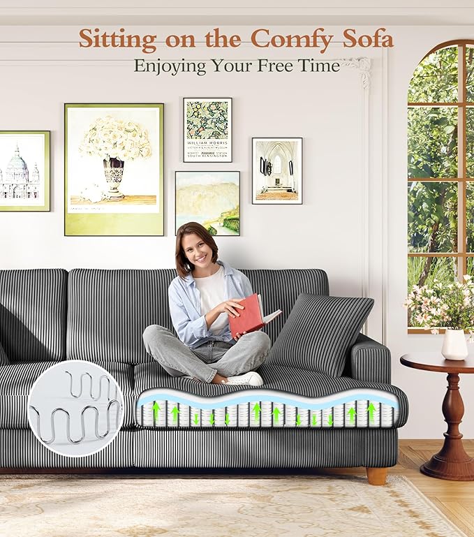 Kidirect 87in U Shaped Couch, Modular Sofa No Tool Assembly, Comfy Sectional Couches for Living Room 21in Deeper Seats, Corduroy Sofas for Living Room with 2 Pillows, Loveseat Sofa Set, Grey Couch | Comfy Corduroy, Oversized 87in Couch, 850LB Tough, To...