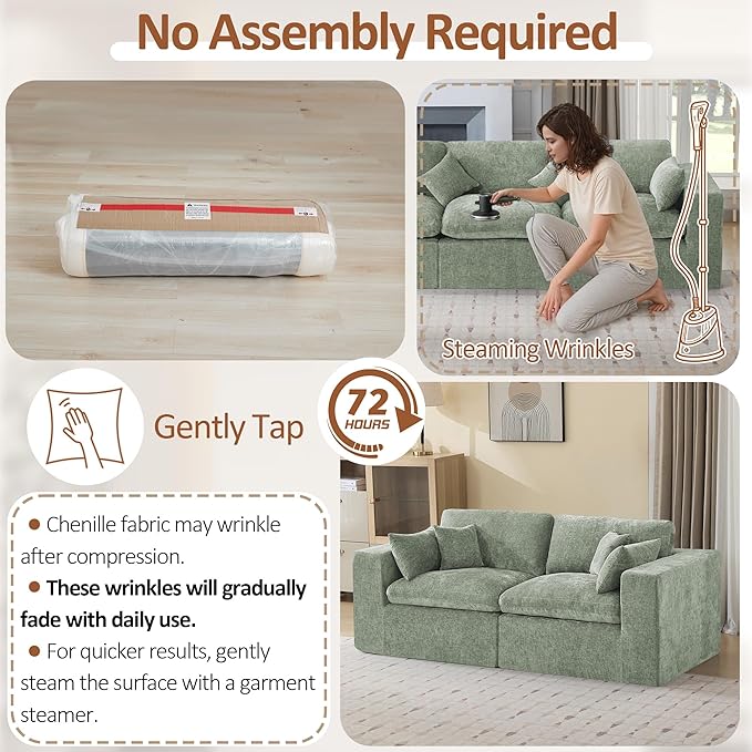 83''Cloud Boneless Sectional Couch, Modular Sectional Sofa Deep Seat, Upholstered Convertible Comfy Loveseat Chenille Memory Foam Sofa Couches for Living Room, Green