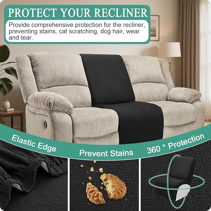 Waterproof Reclining Sectional Couch Covers Washable L Shaped Couch Cover for Sectionals Recliner Sofa Covers Stretch Corner Recliner Slipcovers for Dogs (Additional Seat Cover, Black)