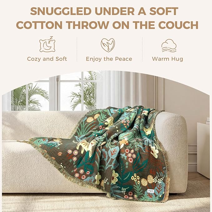 Boho Throw Blanket for Bed 100% Cotton Soft Lightweight Quilt Blanket Twin Forest Tiger Embroidery Home Decor Breathable Spring Bed Blankets,60"x80" All Season Throw for Sofa Couch Chair