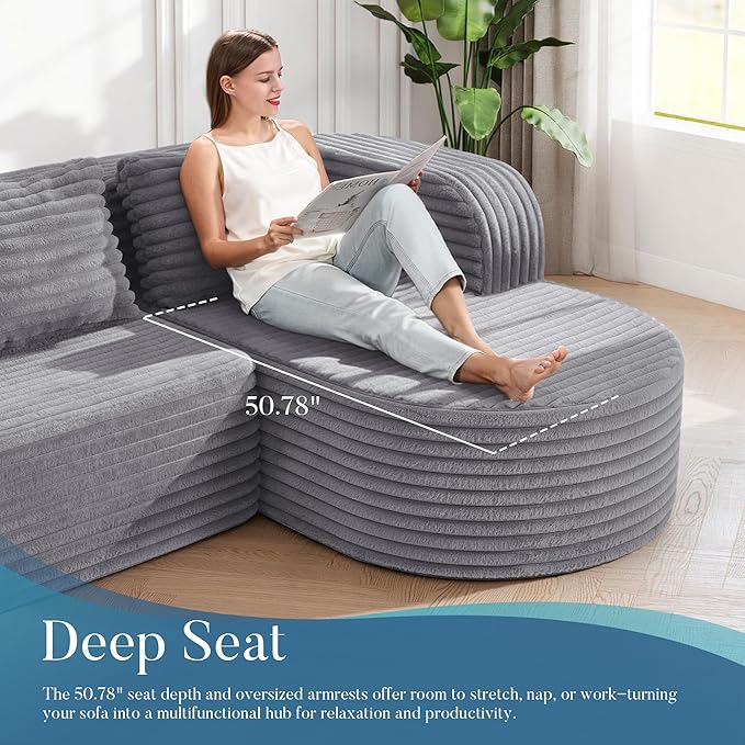 Hobestluk 96" Cloud Sectional Couch Modern Boneless Couch 3 Seater with Oversized Chaise L Shaped Modular Sofa for Living Room Apartment No Assembly Required (Stripe Lightgrey,Right Facing Chaise)