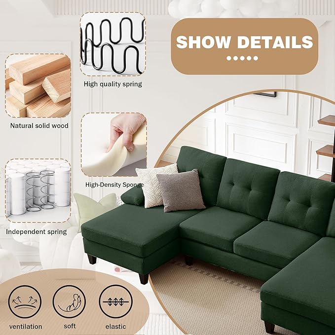111" Sectional Couch for Living Room, Modern Polyester Fibre U Shaped Sofa Couches with Double Chaise, Upholstered 4 Seater Sofa for Living Room, Apartment, Office, Dark Green
