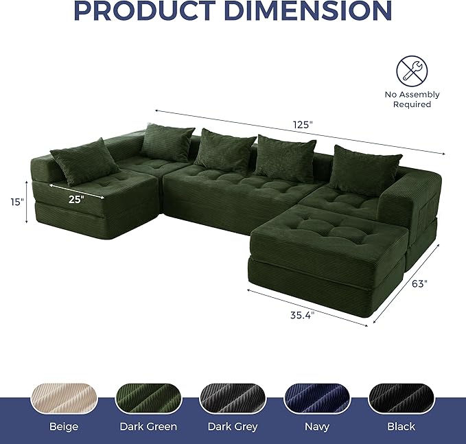 MAXYOYO Modular Sectional Sofa Couch, Foldable U Shaped Cloud Couch with Pillows, Tufted 6-Seat Boneless Sleeper Lounger Floor Sofa Bed for Living Room, No Assembly Required, Dark Green