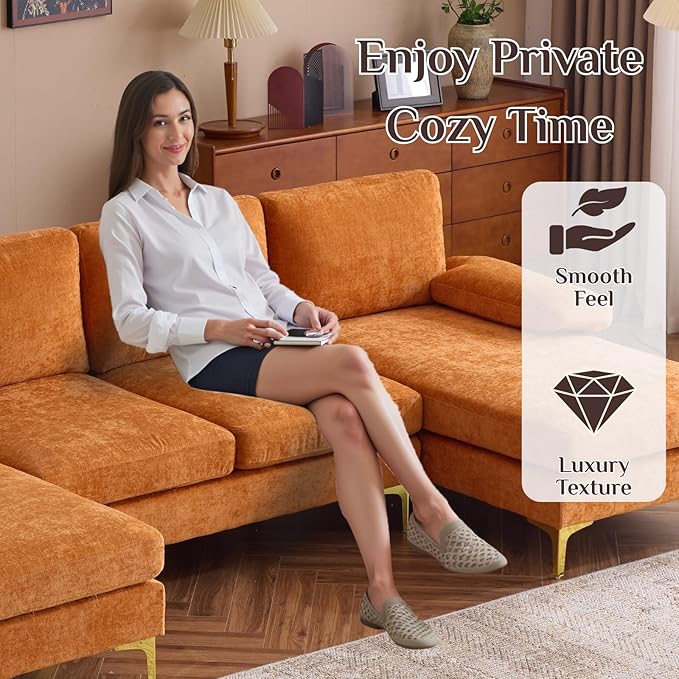 Karl home Convertible Sectional Sofa 110" U-Shape Sofa Couch 4-Seat Couch with Chaise ChenilleFabric Upholstered for Living Room, Apartment, Office, Orange