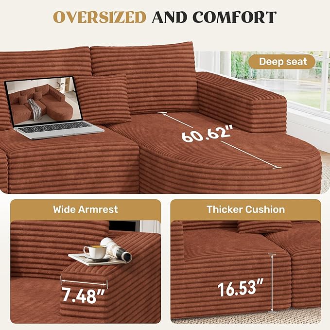 110" Modular Sectional Sofa Couches, Cloud Couches for Living Room, Boneless Sofa with Deep Seat,L-Shape Couch with Chaise,No Assembly Required,Brown,1 PCS