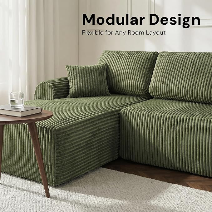 109“L-Shaped Sectional Sofa Boneless Couch Upholstery Cloud Modular Couch with Chaise No Assembly Required Corduroy Fabric Combination Deep Seat Living Room Bedroom(Green, Left Hand Facing)