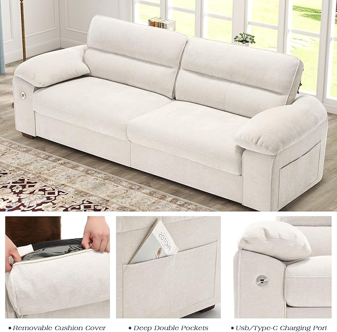 WorthFurni Sofas for Living Room, Chenille Pillow-Armrest Loveseat Couch Set, Small Sofa, 3 Seater Sofa, USB Charging, Removable Sofa Cover, Solid Wood Frame, Easy to Install (90.5 inch, Beige)