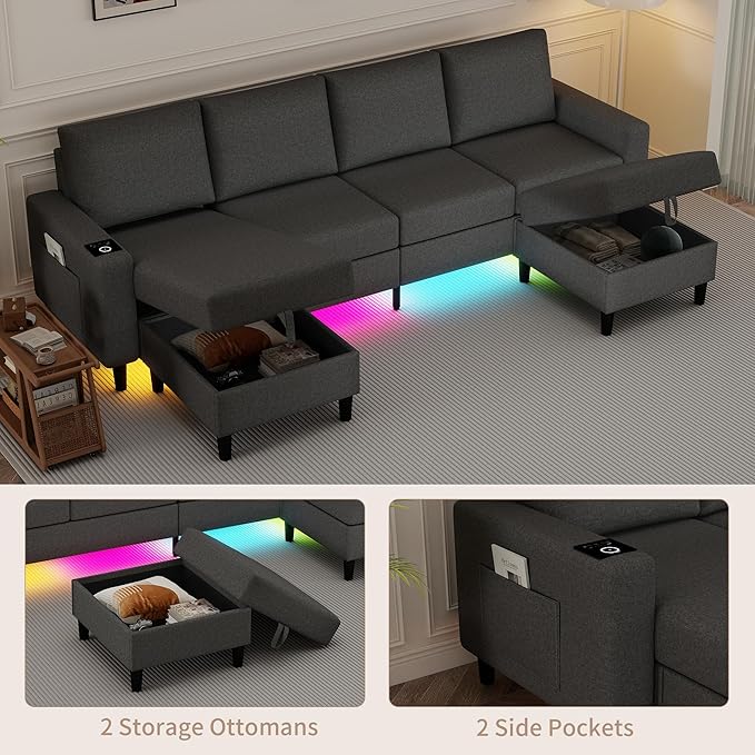 Sectional Couches for Living Room, 109" U Shaped Cloud Couch with Chaise Lounge/Storage Ottoman, 4 Seat Linen Sectional Sofa with Smart Module-Wireless Charging/USB/Type-C/RGB Lights (Dark Grey)
