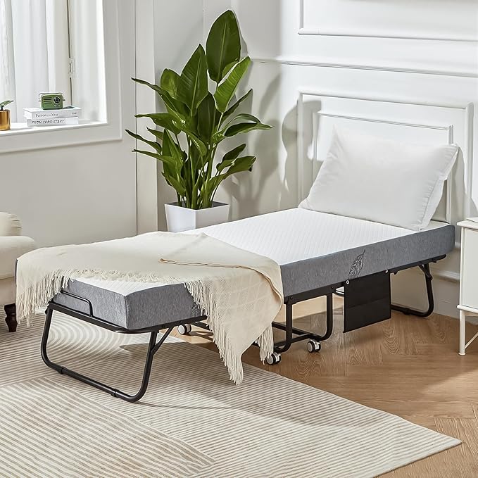 MELLCOM Folding Bed with Mattress,75" x 31" Foldable Rollaway Bed with Mattress for Adults, 5 Inch Memory Foam Mattress,Single Cot Size Portable Bed with Metal Frame&Bed Side Pocket
