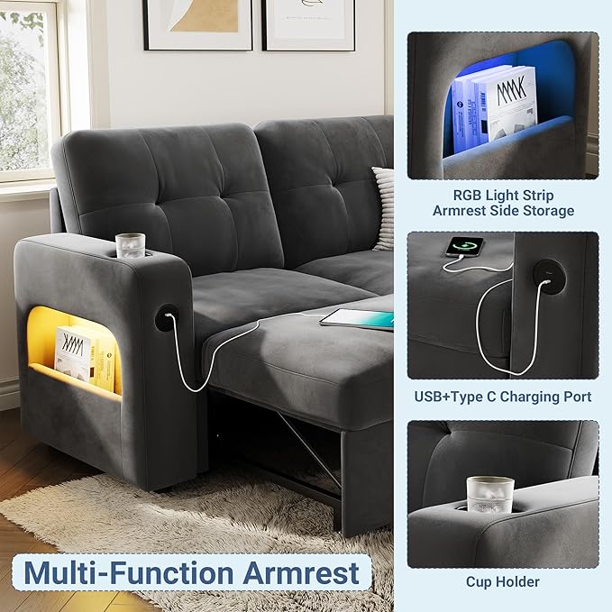 GarveeHome 84 Inch Sleeper Sofa Bed, L-Shaped Sofa, Convertible Pull Out Couch Bed with Storage, Charging Station, LED Lights, Modern Sectional Sofa for Living Room, Apartment, Velvet, Dark Grey