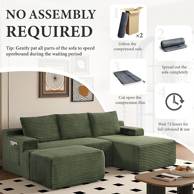 96" Sectional Couches for Living Room Cloud Couch Sofa with L-Shape Upholstered Boneless Couchs Modern Modular Sectional Couch with Chaise (Green, 96" W+Right Facing Chaise+2Seaters+Ottoman)