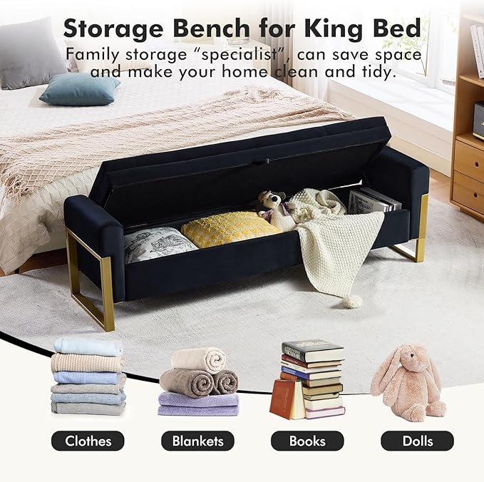 67" End of Bed Storage Bench King Size, Velvet Storage Bench for Bedroom Foot of Bed, Upholstered Storage Ottoman Bench with Gold Legs for Window Living Room Entryway, Black
