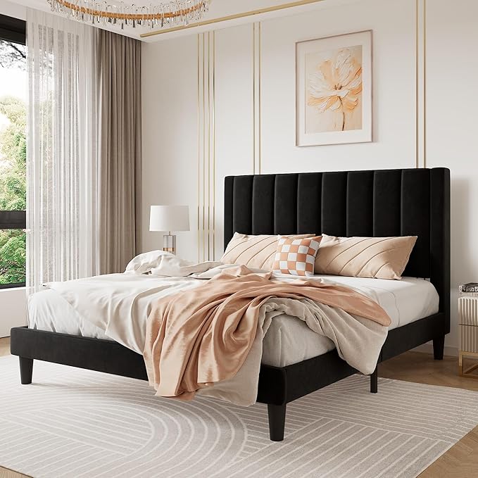 SHA CERLIN Full Bed Frame/Velvet Upholstered Platform Bed Frame with Headboard/Strong Wood Slats Support/Mattress Foundation/No Box Spring Needed - Black