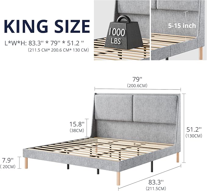Cozy Castle King Size Upholstered Platform Bed Frame with 51.2" Tall Wingback Headboard, Double Backrest Metal Bed Frame, No Box Spring Needed, Easy Assembly, Bedroom Furniture, Grey
