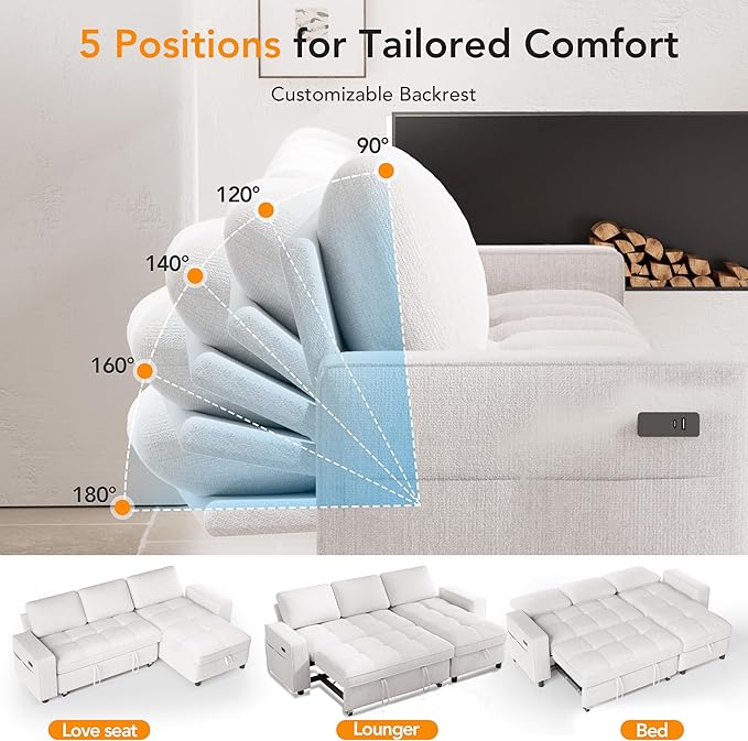 WEUP Modular Sectional Sleeper Sofa Bed, 81" L-Shaped Couch Bed with Adjustable Backrest, Pull Out Couch with Reversible Chaise Storage, USB Charging & Tool-Free Assembly, Chenille Beige | Breathable material, Tool-Free Assembly, Reclining Backrest