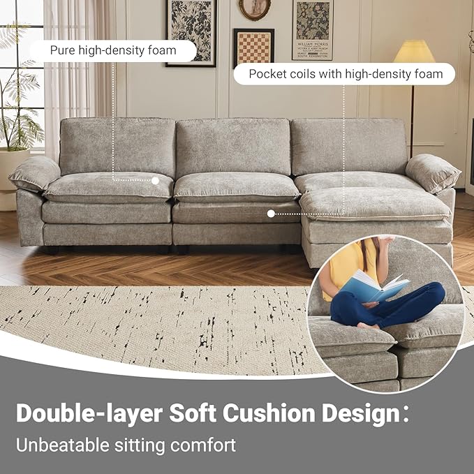 VINGLI 122" Cloud Double-Layer Deep Convertible Sectional Sofa, Comfy L-Shape 3-Seat Couches for Living Room, Modern Couch with Movable Ottoman for Small Space, Light Grey, Chenille