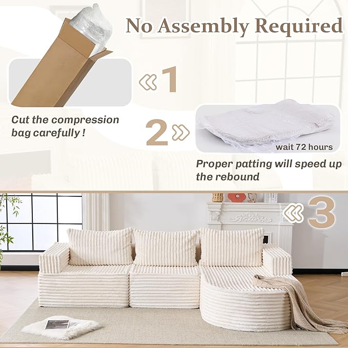103”Boneless Couches for Living Room, L-Shaped Modular Sectional Sofa with Chaise, Modern Corduroy Cloud Couch with Deep Seat, Comfy Sponge Compression Convertible Sofas