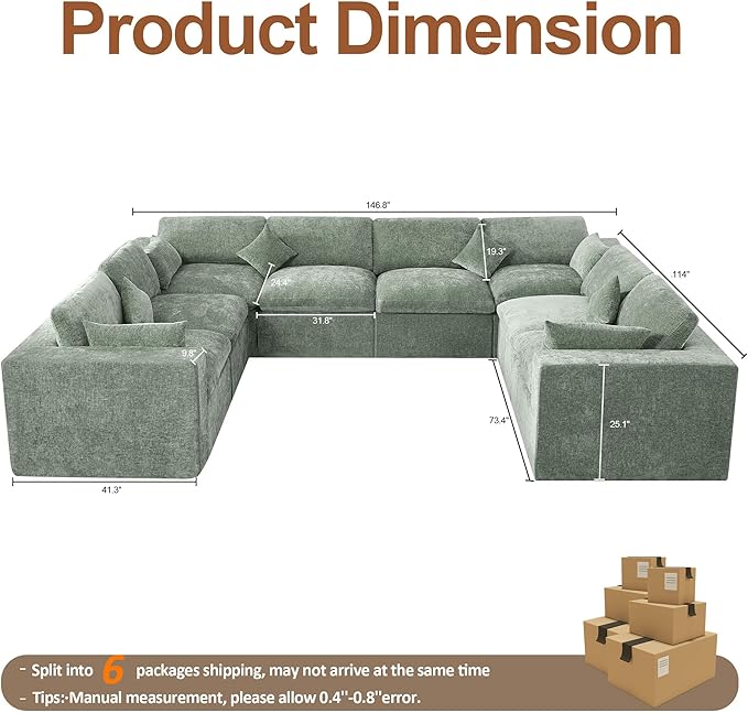 155''Cloud Boneless Sectional Couch, Modular Sectional Sofa Deep Seat, Oversized Upholstered Convertible Comfy 8 Seater Chenille Memory Foam Sofa U Shape Couches for Living Room, Green