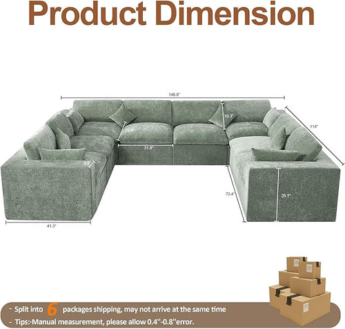 155''Cloud Boneless Sectional Couch, Modular Sectional Sofa Deep Seat, Oversized Upholstered Convertible Comfy 8 Seater Chenille Memory Foam Sofa U Shape Couches for Living Room, Green