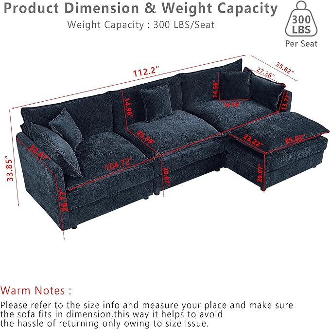 Setawix Deep 3 Seater Couch with Ottoman,112.2" L-Shaped Cloud Couches for Living Room,Chenille Cloud Sofa Couch with Deep Seat,Modular Sectional L Shape 3 Seat Sofa for Bedroom. (Blue, 3+1)