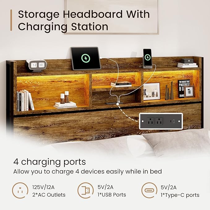 BRELTAM Queen Storage Bed Frame with 6 Drawers, USB Charging Station, No Noise, No Box Spring Required, Vintage Brown Headboard Platform Bed
