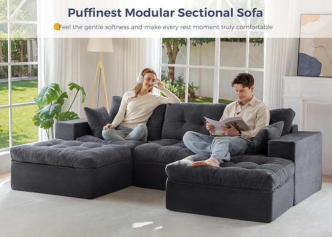 MAXYOYO 104" U Shaped Modular Sectional Sofa with 2 Ottomans, Cloud Boneless Couch with Layered Cushion, Flexible Module Combination Sofa for Living Room, No Assembly Required, Dark Grey