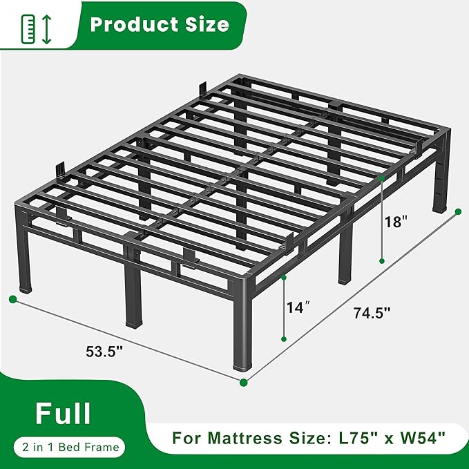 ROIL 18 Inch Full Size Bed Frame, Double Layer Metal Bed Frame with Round Corner Legs, 4000LBS Bed Frame & Box Spring 2 in 1 Platform with Headboard Holes Mattress Baffles, Noise-Free Easy Assembly