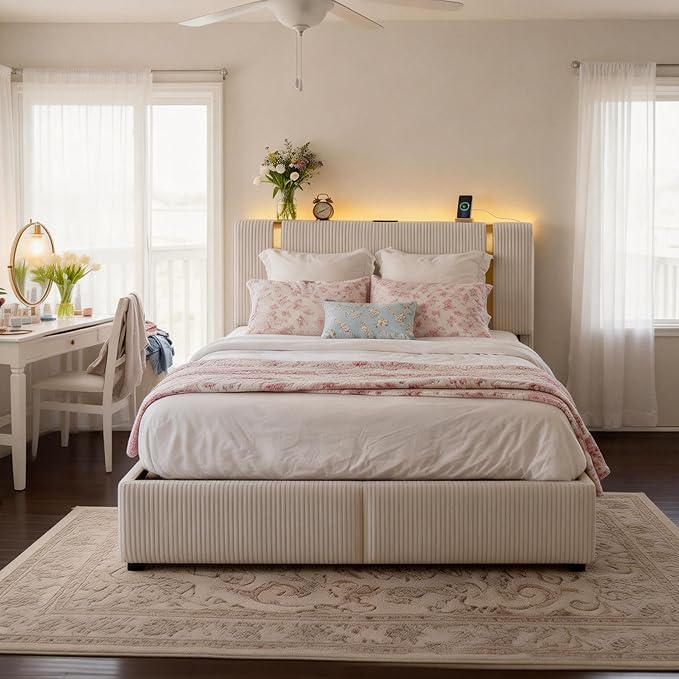 Homkdom Queen Bed Frame with 6 Storage Drawers, Upholstered Bed Frame Queen Size with Adjustable Headboard, LED Light & Charging Station, Heavy Duty Metal Support,Modern,Beige