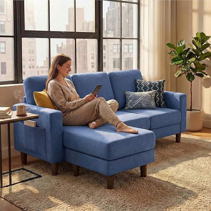 YESHOMY L-Shaped Sofa Couch, Small Couch with Reversible Chaise and Ottoman, Convertible Sectional Comfy 3 Seat Sofas with Side Pockets for Apartment and Living Room (Blue)