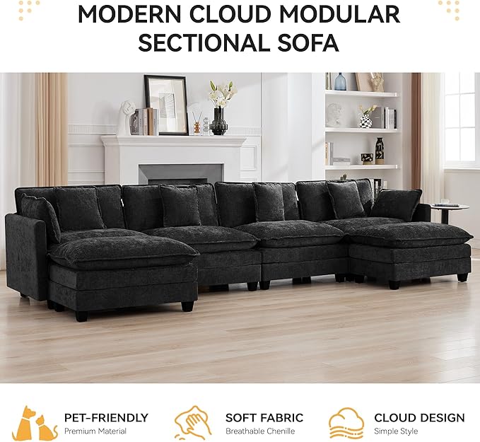 147'' Modualr Sectional Cloud Deep Seat Couch, Oversized Chenille U Shaped Sectional Sofa for Living Room Set, Comfy Upholstered Modular Sectional Sofa Couch with 2 Movable Ottoman, Dark Grey